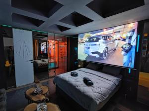 Cette chambre dispose d'un grand écran, d'un lit et d'une télévision. dans l'établissement Private Spa Penthouse, à Skopje
