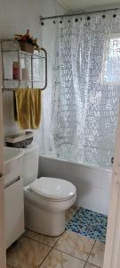 ein Bad mit einem WC und einem Duschvorhang in der Unterkunft Casa en Lautaro in Lautaro