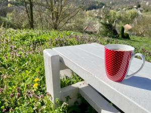 a red coffee cup sitting on a bench at Nature Lodge Csesztve in Csesztve