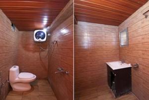 two pictures of a bathroom with a toilet and a sink at Goroomgo Long View Retreat Nainital in Nainital