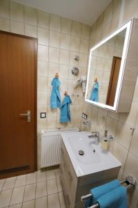 a bathroom with a sink and a mirror and blue towels at Ferienwohnung Erbachstraße in Waiblingen