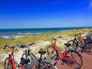 a group of bikes parked next to the beach at Lagoon on the Wadden See on Wangerooge in Wangerooge