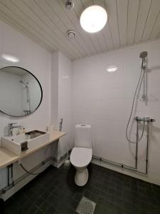 ein Badezimmer mit einem WC, einem Waschbecken und einem Spiegel in der Unterkunft WatchHouse in Hamina