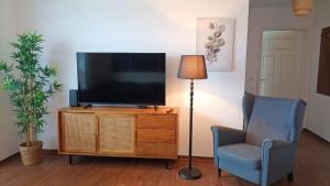 sala de estar con TV, silla y lámpara en Am Hafen 15, en Röbel