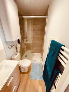 mała łazienka z toaletą i prysznicem w obiekcie L’échappée Mer w Hawrze