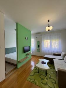 sala de estar con sofá y pared verde en Studio 33, en Banja Luka