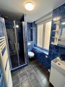 a blue tiled bathroom with a shower and a toilet at Le Studio Saint Georges in Nancy