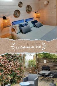 two pictures of a bedroom with a bed and a patio at La Cabane de Didi in Andernos-les-Bains