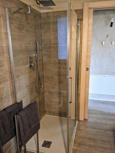 eine Dusche mit Glastür im Bad in der Unterkunft Mansarda Morlana in Alzano Lombardo