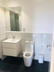 La salle de bains est pourvue de toilettes, d'un lavabo et d'un miroir. dans l'établissement Luxurious 2 Bedroom Apartment @Embassy Garden, à Accra