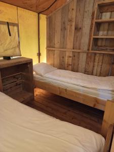 Duas camas num quarto com paredes de madeira em Luxe Safaritent voor het hele gezin I 6 personen em Epe