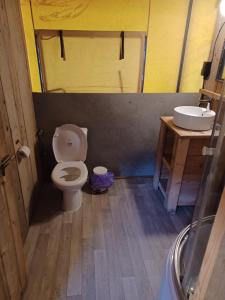 エーペにあるLuxe Safaritent voor het hele gezin I 6 personenのトイレと洗面台のある小さなバスルーム +22枚の写真