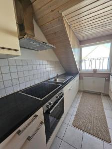 een kleine keuken met een wastafel en een fornuis bij 2 Zimmer Wohnung in Bad Waldsee in Bad Waldsee