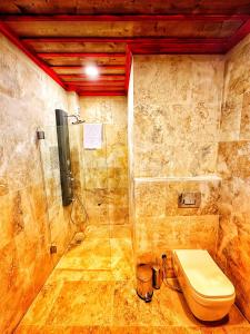 a bathroom with a toilet and a glass shower at Sakli Cave House in Avanos