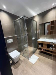 a bathroom with a shower and a toilet and a sink at Olivia's Hill Resort in Durrës