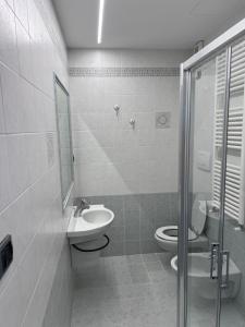 bagno con servizi igienici, lavandino e specchio di Residence Tufilla ad Ascoli Piceno