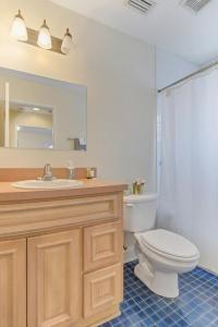 a bathroom with a toilet and a sink and a mirror at Large 1 BR carriage house in historic SPR in Jacksonville