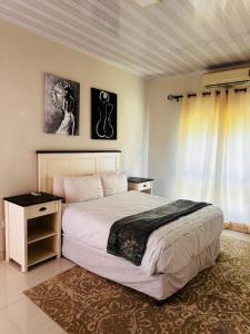 a bedroom with a large bed and a window at Kaya Apartments in Lusaka