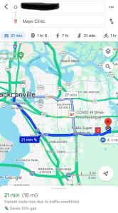 傑克孫維的住宿－Fun Cozy Apts - 1 25 Mile Walk to TIAA Bnk Fld，带有快捷方式的谷歌地图页面的截图