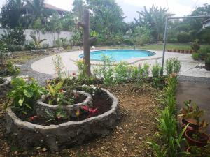 a garden with a swimming pool and flowers at Bossert Residence in Panglao Island