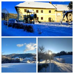 three different pictures of a house in the snow at Biohof Bernhard in Unterweissenbach