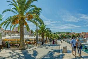 a group of people walking down a street with palm trees at Apartman Emil in Supetar