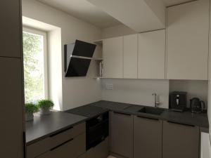 a kitchen with white cabinets and black counter tops at Elisa Apartment in Rajecké Teplice
