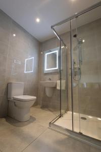 een badkamer met een douche, een toilet en een wastafel bij Killarney View House B&B in Killarney