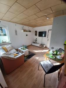 ein Wohnzimmer mit einem Sofa und einem Tisch in der Unterkunft Ferienhaus Hilde in Sangerhausen