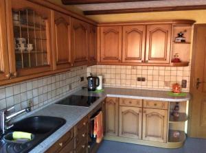 Wildflecken的住宿－Ferienwohnung Ziegler，一个带木制橱柜和水槽的厨房