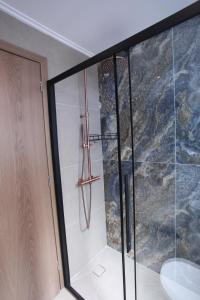 La salle de bains est pourvue d'une douche avec une porte en verre. dans l'établissement IPELHOME-Avissinias Boutique Apartments, à Athènes