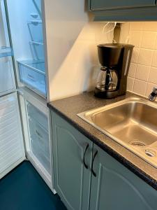 a kitchen with a sink and a coffee maker at Sentral og fargerik bygårdsleilighet in Halden