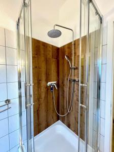 een badkamer met een douche en een bad bij Apartment-Zschachwitz-kleine-Wohlfuehlferienwohnung in Dresden