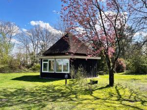 een klein huis in een veld met een boom bij Eco Lodge Drenthe in Valthe