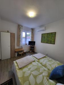 1 dormitorio con 1 cama grande y TV en Renáta Apartman en Nyíregyháza