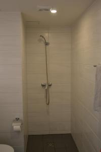 a bathroom with a shower with a toilet at Aisa 39 Külaliskorter in Pärnu