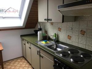 a kitchen with a sink and a stove and a window at Haus Imgard in Lenzkirch