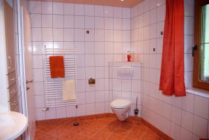 a white tiled bathroom with a toilet and a shower at Blaserhof in Hainzenberg
