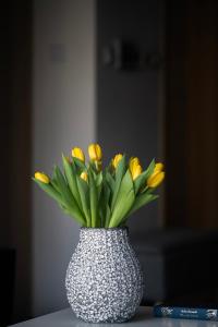 a vase filled with yellow flowers sitting on a table at EASY RENT Apartments - Amber 10, Basen & SPA, Centrum Free Parking 24h Check-in in Lublin