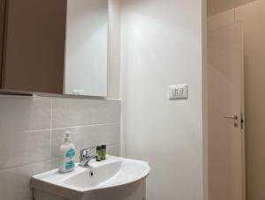 un bagno bianco con lavandino e specchio di Center Monflat a Trieste