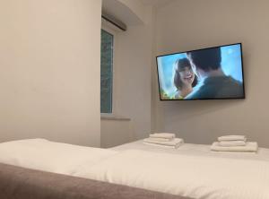 TV a schermo piatto appesa a un muro sopra un letto di Center Monflat a Trieste