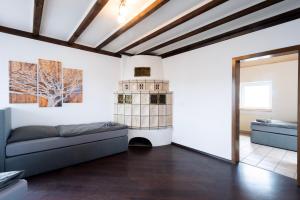 Work & Stay Apartment Emmerich في إميريش: غرفة معيشة مع موقد وأريكة