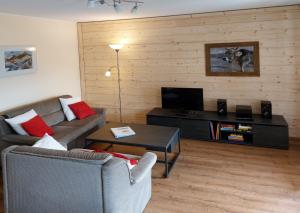 a living room with a couch and a tv at Ferienwohnung Grüner in ruhiger, zentraler Lage von Burgberg im Oberallgäu in Burgberg