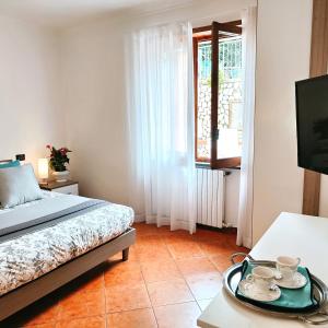 1 dormitorio con 1 cama, TV y mesa en Camera Relax confortevole e riservata in villa, en Massa Lubrense
