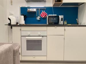 una cucina con un piano di lavoro con un forno a microonde di Center Monflat a Trieste Altre 10 foto