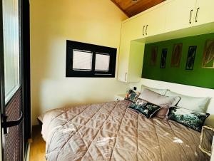 Un dormitorio con una cama con almohadas. en Yucca tiny house, en Orta