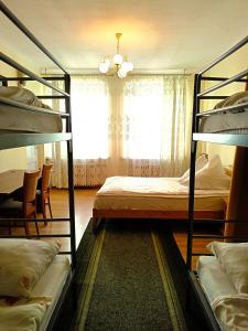 a bedroom with two bunk beds and a window at Hostel Omega in Rzeszów