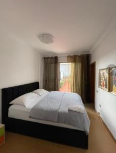 1 dormitorio con 1 cama grande y ventana en ALBJONA GUESTHOUSE TIRANA en Tirana