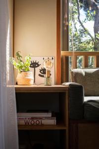 a book shelf with a clock and a plant on it at Modern, Cosy Hideaway - Rua Nuka Raglan in Raglan