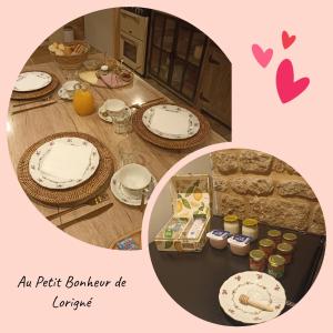 una mesa con platos y comida encima en Chambre d'hôtes Au Petit Bonheur, en Lorigné
